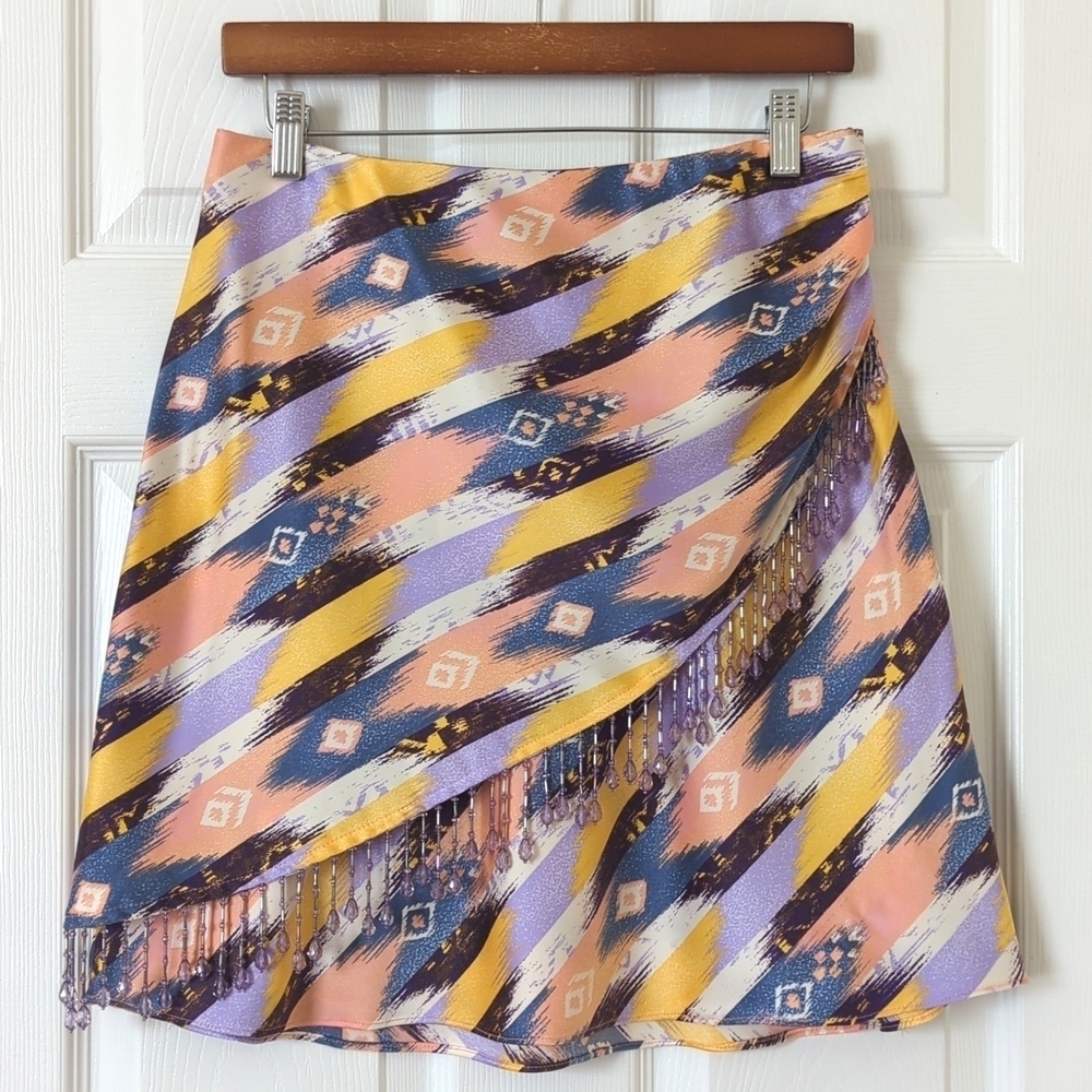 Current Air Beaded Trim Colorful Ikat Striped Satin High Waisted Mini Skirt L